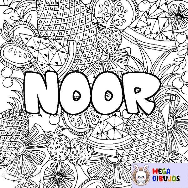 Coloraci&oacute;n del nombre NOOR - decorado mandala de frutas