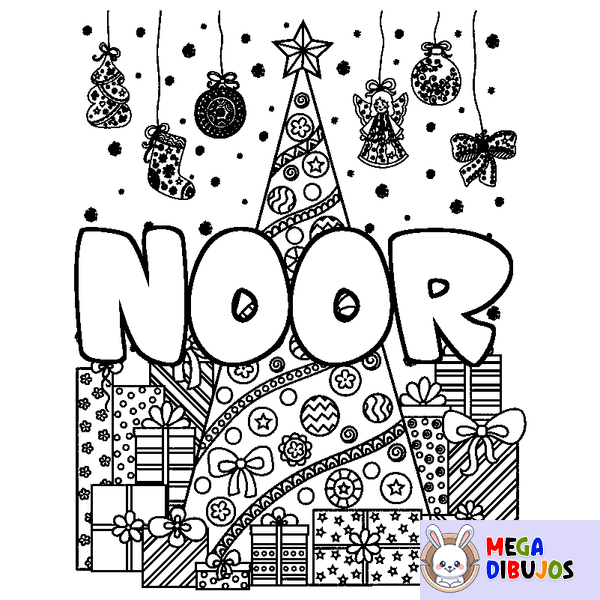 Coloraci&oacute;n del nombre NOOR - decorado &aacute;rbol de Navidad y regalos