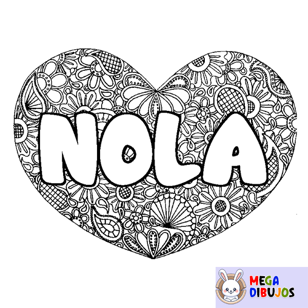 Coloraci&oacute;n del nombre NOLA - decorado mandala de coraz&oacute;n