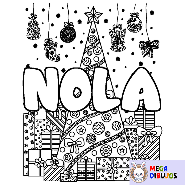 Coloraci&oacute;n del nombre NOLA - decorado &aacute;rbol de Navidad y regalos