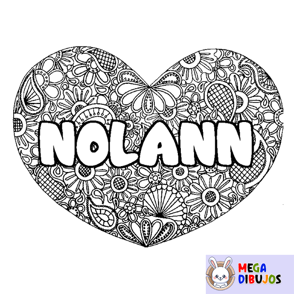 Coloraci&oacute;n del nombre NOLANN - decorado mandala de coraz&oacute;n