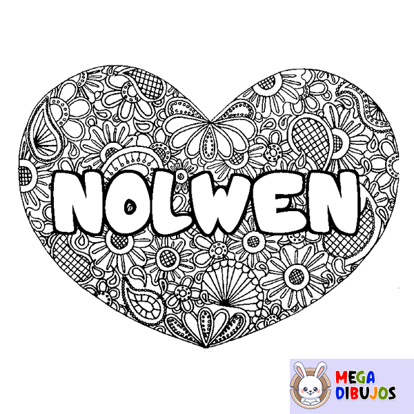 Coloraci&oacute;n del nombre NOLWEN - decorado mandala de coraz&oacute;n