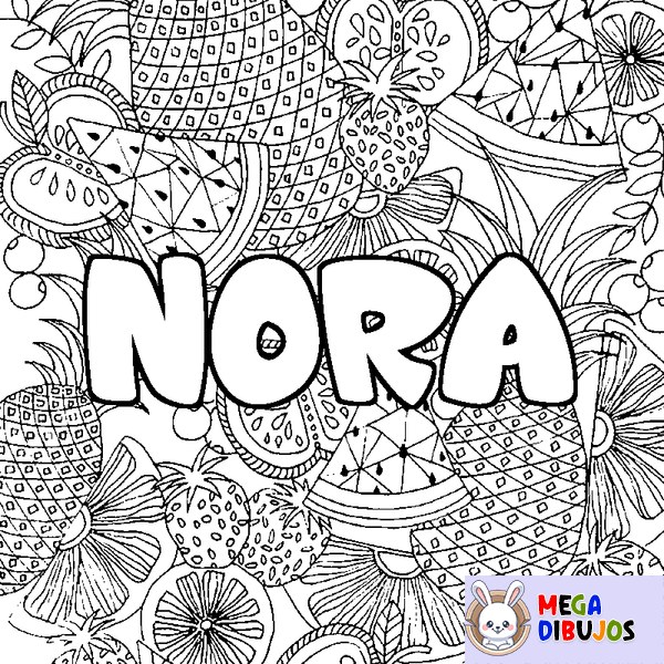 Coloraci&oacute;n del nombre NORA - decorado mandala de frutas