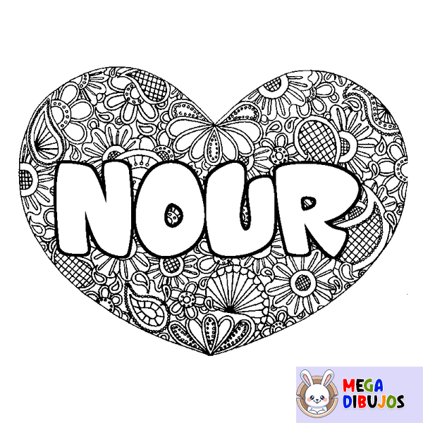 Coloraci&oacute;n del nombre NOUR - decorado mandala de coraz&oacute;n