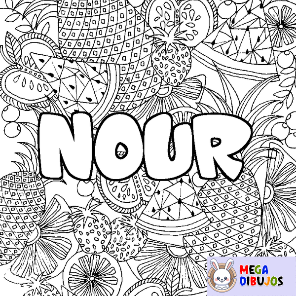 Coloraci&oacute;n del nombre NOUR - decorado mandala de frutas
