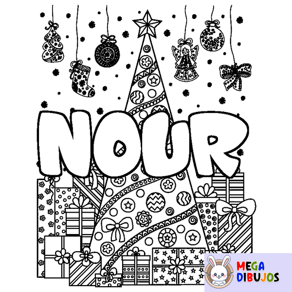 Coloraci&oacute;n del nombre NOUR - decorado &aacute;rbol de Navidad y regalos