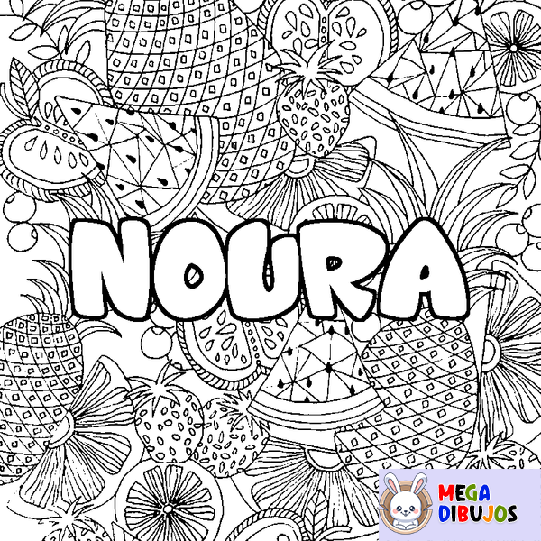 Coloraci&oacute;n del nombre NOURA - decorado mandala de frutas