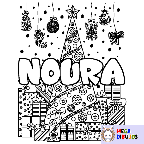 Coloraci&oacute;n del nombre NOURA - decorado &aacute;rbol de Navidad y regalos