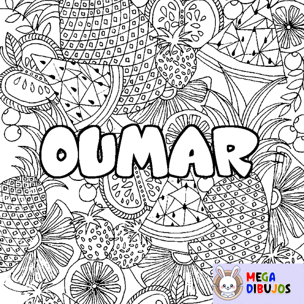 Coloraci&oacute;n del nombre OUMAR - decorado mandala de frutas