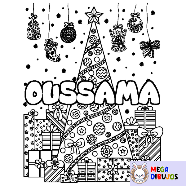 Coloraci&oacute;n del nombre OUSSAMA - decorado &aacute;rbol de Navidad y regalos