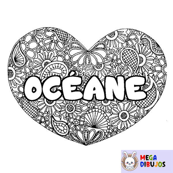 Coloraci&oacute;n del nombre OC&Eacute;ANE - decorado mandala de coraz&oacute;n