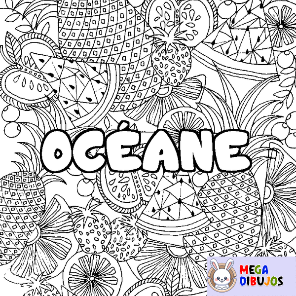 Coloraci&oacute;n del nombre OC&Eacute;ANE - decorado mandala de frutas