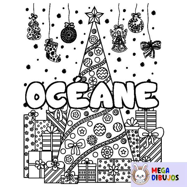 Coloraci&oacute;n del nombre OC&Eacute;ANE - decorado &aacute;rbol de Navidad y regalos