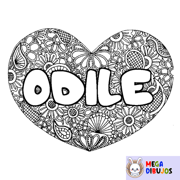 Coloraci&oacute;n del nombre ODILE - decorado mandala de coraz&oacute;n