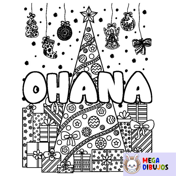 Coloraci&oacute;n del nombre OHANA - decorado &aacute;rbol de Navidad y regalos