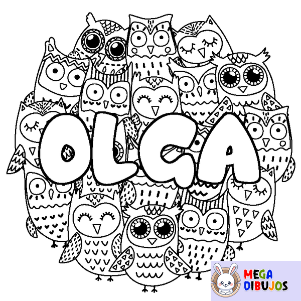 Coloraci&oacute;n del nombre OLGA - decorado b&uacute;hos