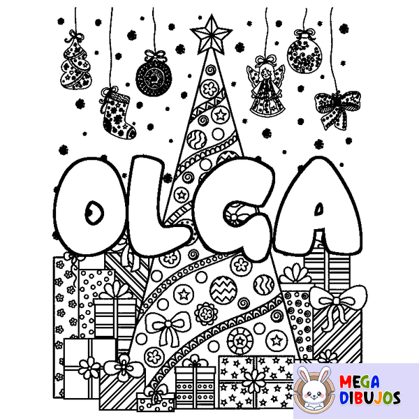 Coloraci&oacute;n del nombre OLGA - decorado &aacute;rbol de Navidad y regalos
