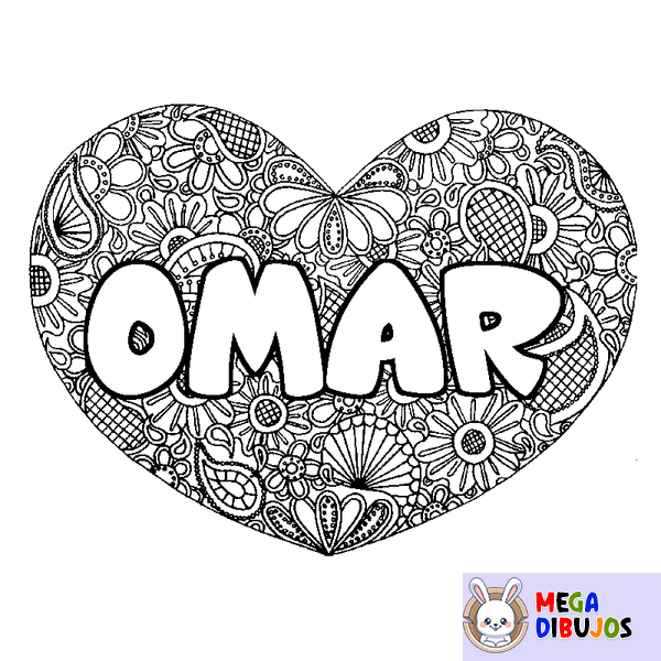 Coloraci&oacute;n del nombre OMAR - decorado mandala de coraz&oacute;n