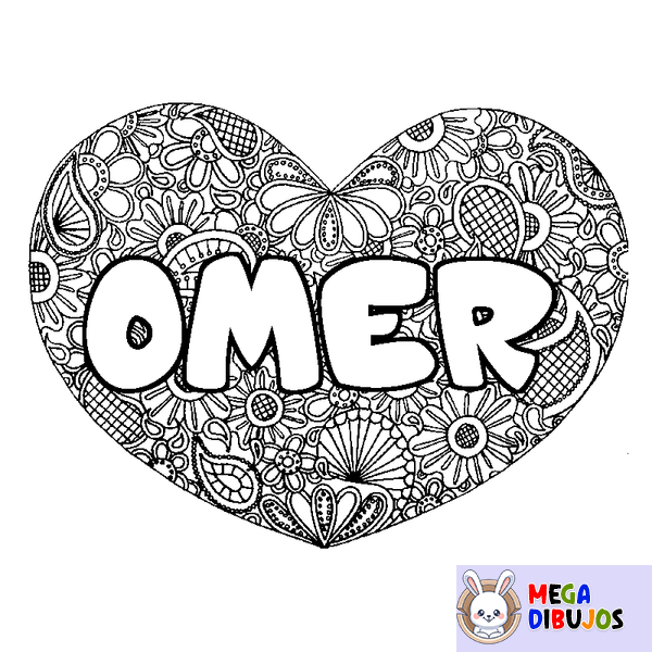 Coloraci&oacute;n del nombre OMER - decorado mandala de coraz&oacute;n