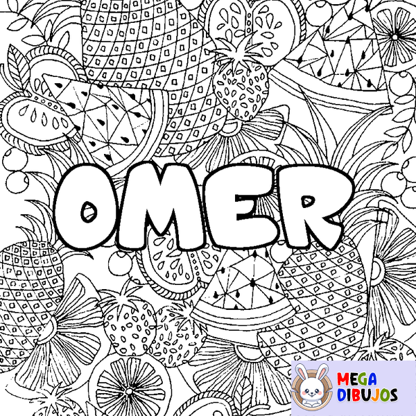 Coloraci&oacute;n del nombre OMER - decorado mandala de frutas