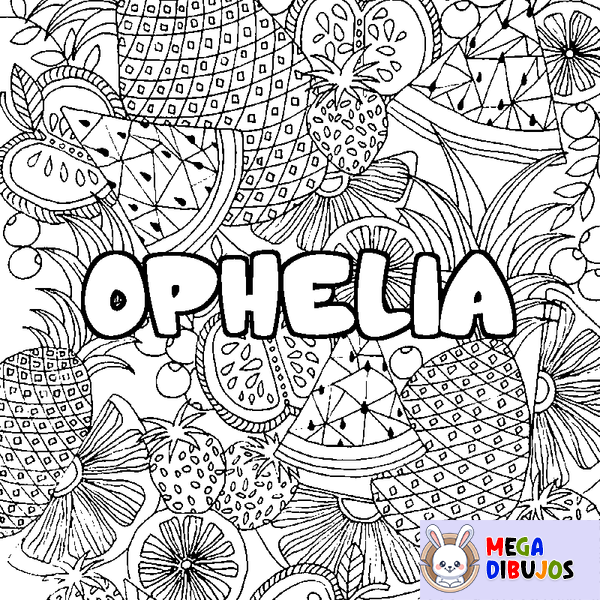 Coloraci&oacute;n del nombre OPHELIA - decorado mandala de frutas