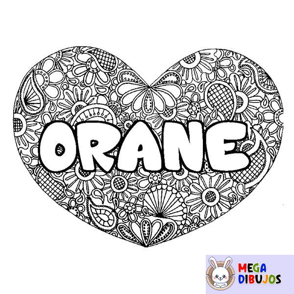 Coloraci&oacute;n del nombre ORANE - decorado mandala de coraz&oacute;n