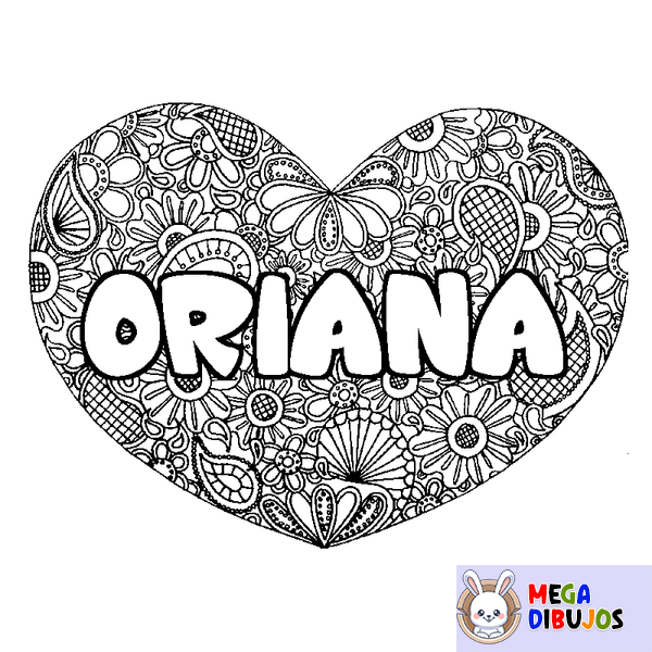 Coloraci&oacute;n del nombre ORIANA - decorado mandala de coraz&oacute;n