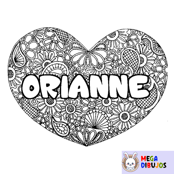 Coloraci&oacute;n del nombre ORIANNE - decorado mandala de coraz&oacute;n