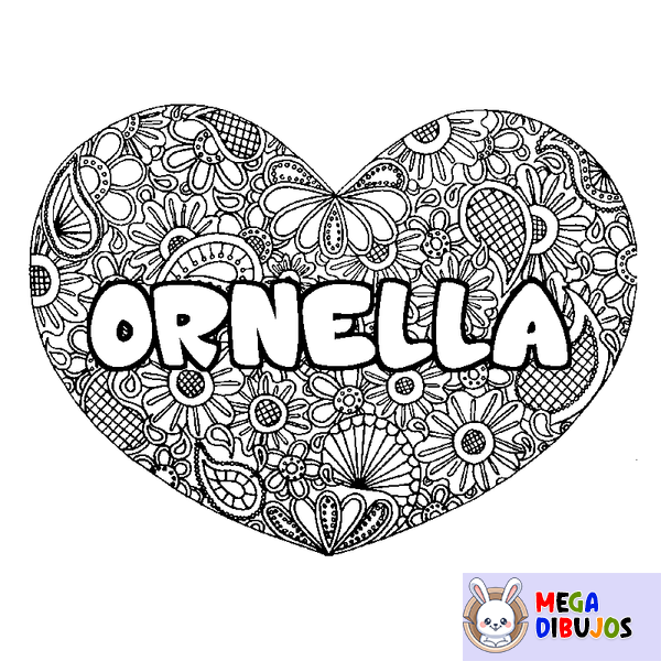 Coloraci&oacute;n del nombre ORNELLA - decorado mandala de coraz&oacute;n