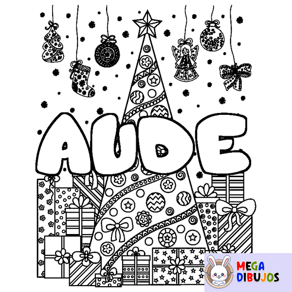 Coloraci&oacute;n del nombre AUDE - decorado &aacute;rbol de Navidad y regalos