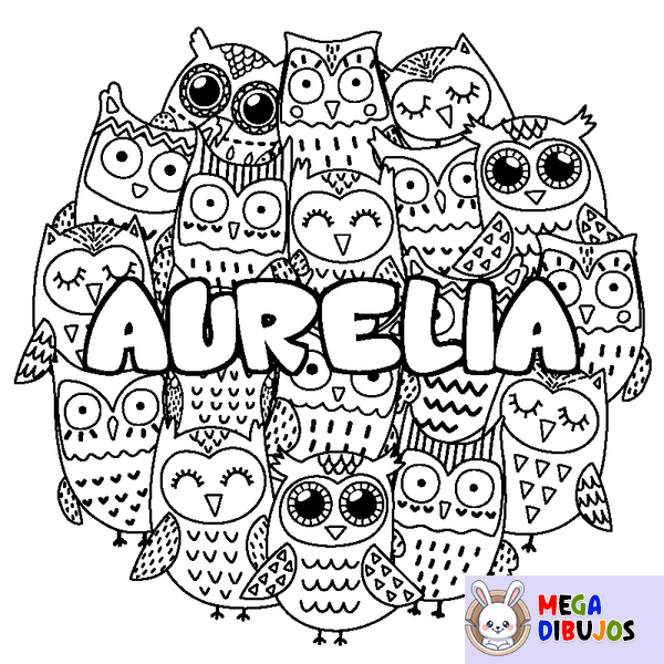 Coloraci&oacute;n del nombre AURELIA - decorado b&uacute;hos