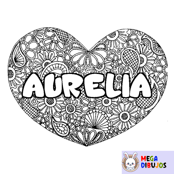 Coloraci&oacute;n del nombre AURELIA - decorado mandala de coraz&oacute;n