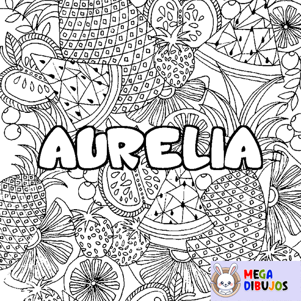 Coloraci&oacute;n del nombre AURELIA - decorado mandala de frutas
