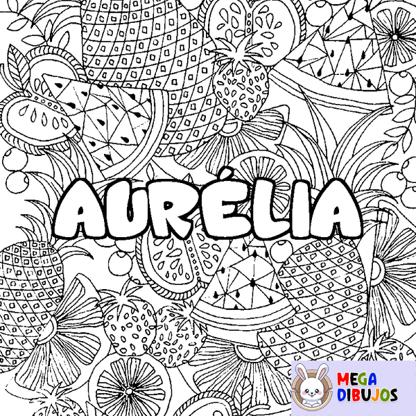 Coloraci&oacute;n del nombre AUR&Eacute;LIA - decorado mandala de frutas