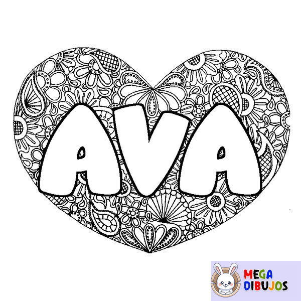 Coloraci&oacute;n del nombre AVA - decorado mandala de coraz&oacute;n