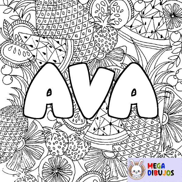Coloraci&oacute;n del nombre AVA - decorado mandala de frutas