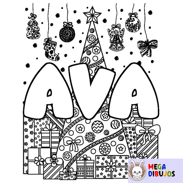 Coloraci&oacute;n del nombre AVA - decorado &aacute;rbol de Navidad y regalos