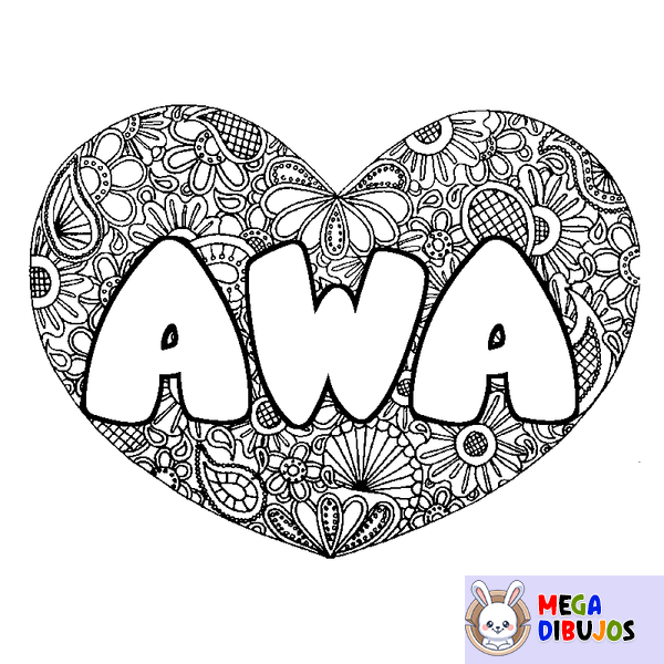 Coloraci&oacute;n del nombre AWA - decorado mandala de coraz&oacute;n