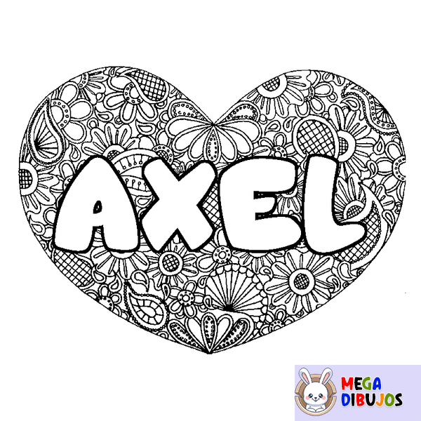 Coloraci&oacute;n del nombre AXEL - decorado mandala de coraz&oacute;n