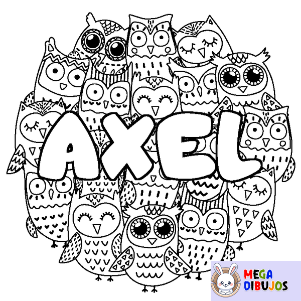 Coloraci&oacute;n del nombre AXEL - decorado b&uacute;hos