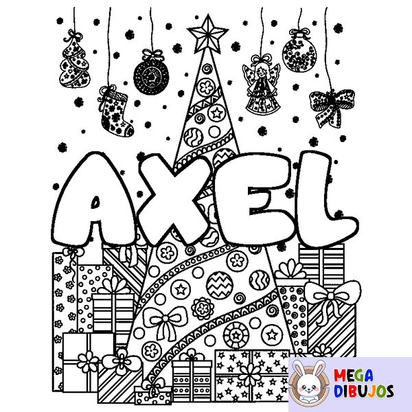 Coloraci&oacute;n del nombre AXEL - decorado &aacute;rbol de Navidad y regalos