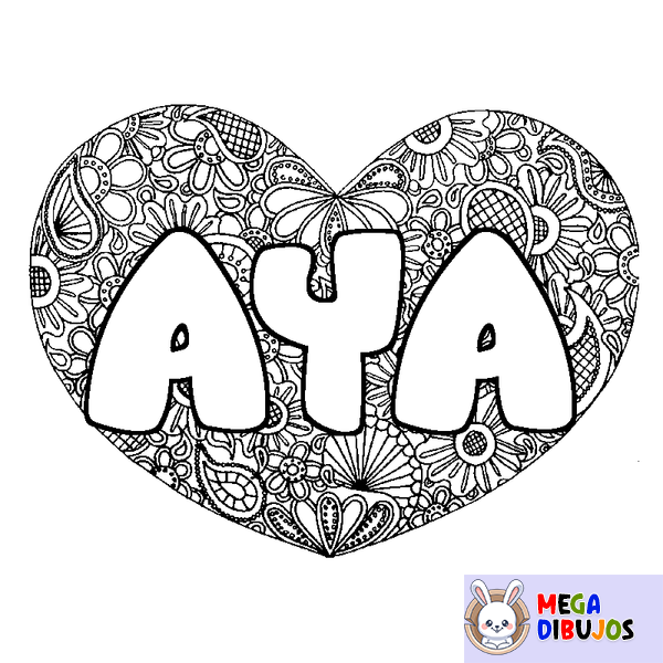 Coloraci&oacute;n del nombre AYA - decorado mandala de coraz&oacute;n