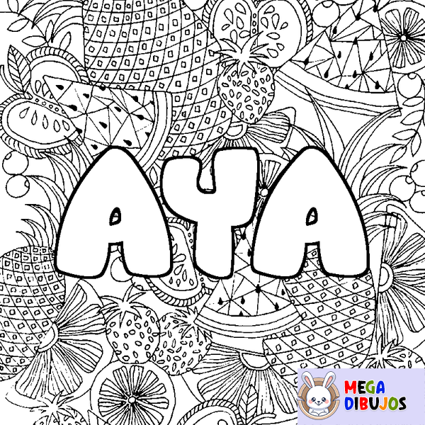 Coloraci&oacute;n del nombre AYA - decorado mandala de frutas
