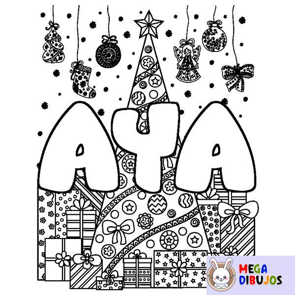 Coloraci&oacute;n del nombre AYA - decorado &aacute;rbol de Navidad y regalos