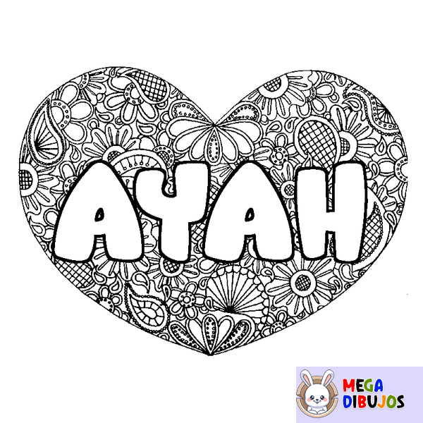 Coloraci&oacute;n del nombre AYAH - decorado mandala de coraz&oacute;n
