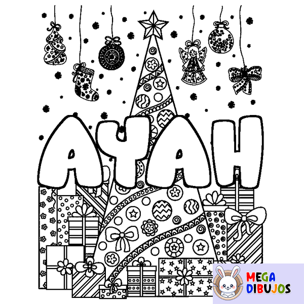 Coloraci&oacute;n del nombre AYAH - decorado &aacute;rbol de Navidad y regalos