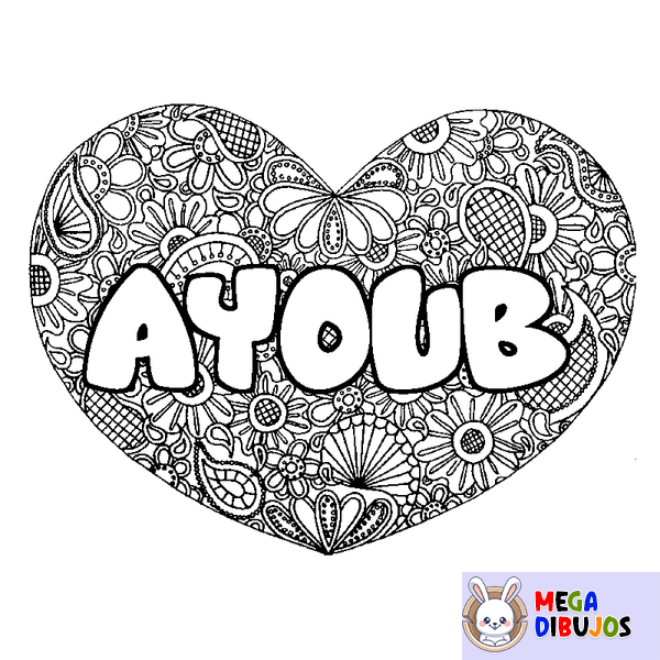 Coloraci&oacute;n del nombre AYOUB - decorado mandala de coraz&oacute;n