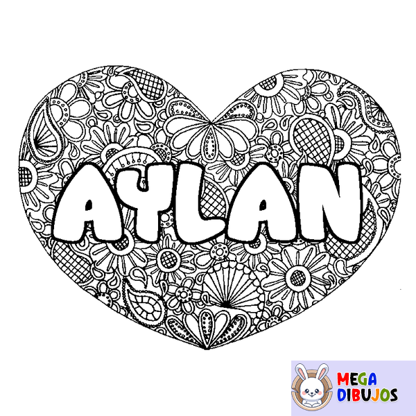 Coloraci&oacute;n del nombre AYLAN - decorado mandala de coraz&oacute;n
