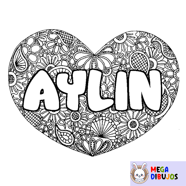 Coloraci&oacute;n del nombre AYLIN - decorado mandala de coraz&oacute;n