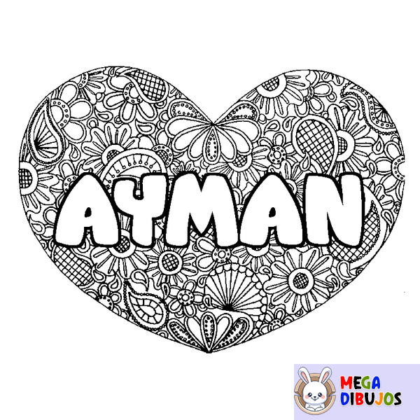 Coloraci&oacute;n del nombre AYMAN - decorado mandala de coraz&oacute;n